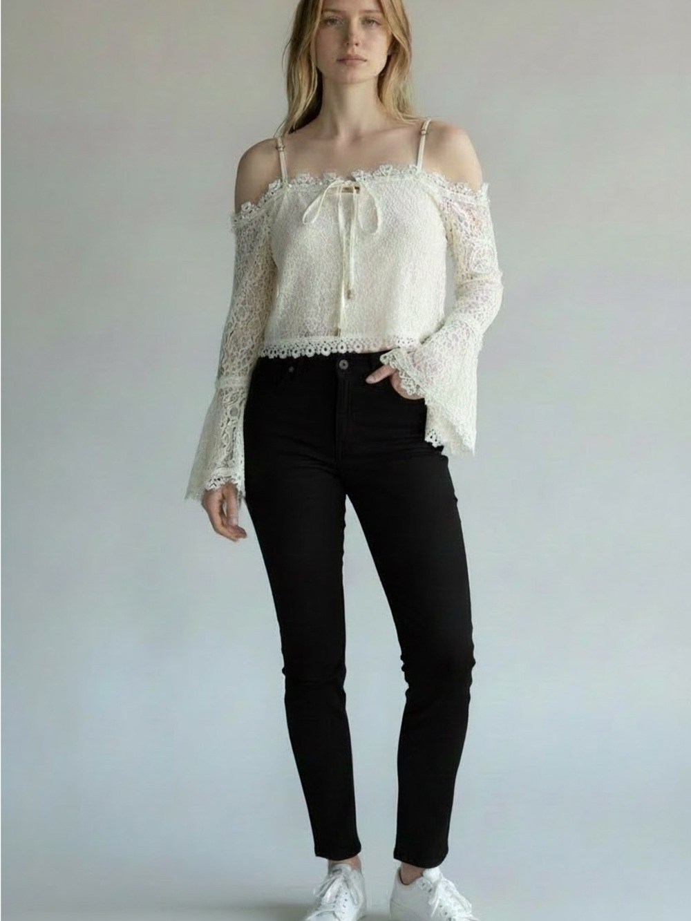 Off-Shoulder Lace Crop Top in Cream